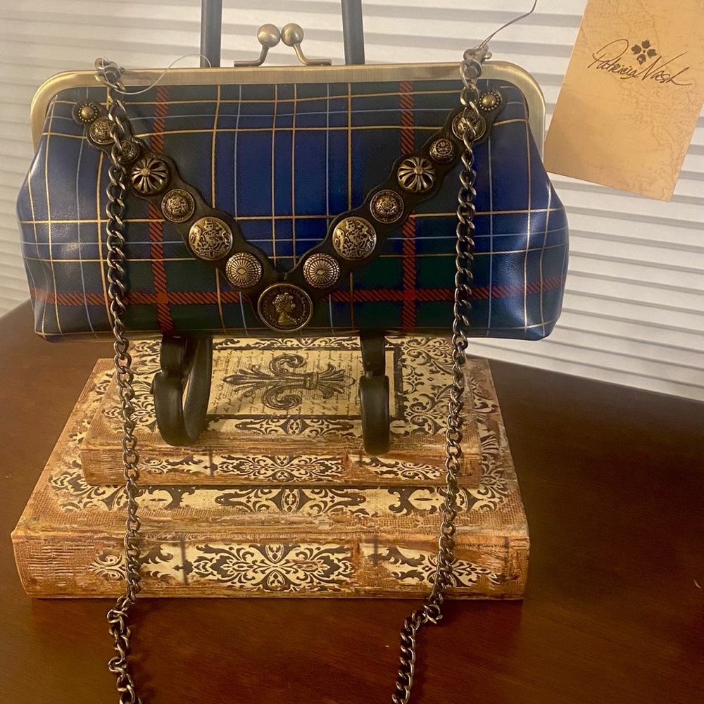 Brand New Patricia Nash Potenaz Frame Clutch in Blue & Green Tartan Plaid